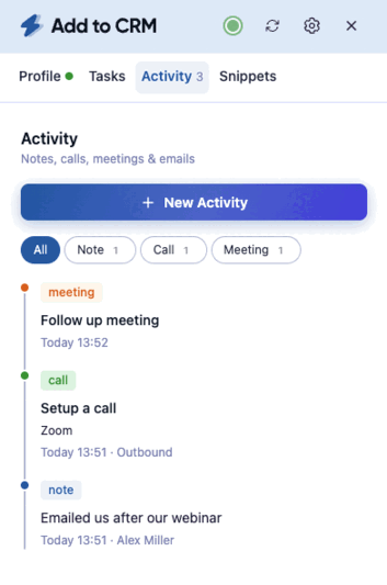 CRM activity timeline showing notes, calls, and tasks