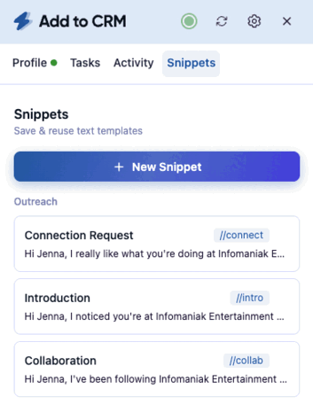 AI message writer and text snippets for sales outreach