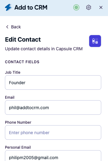 CRM contact status indicator showing existing contacts